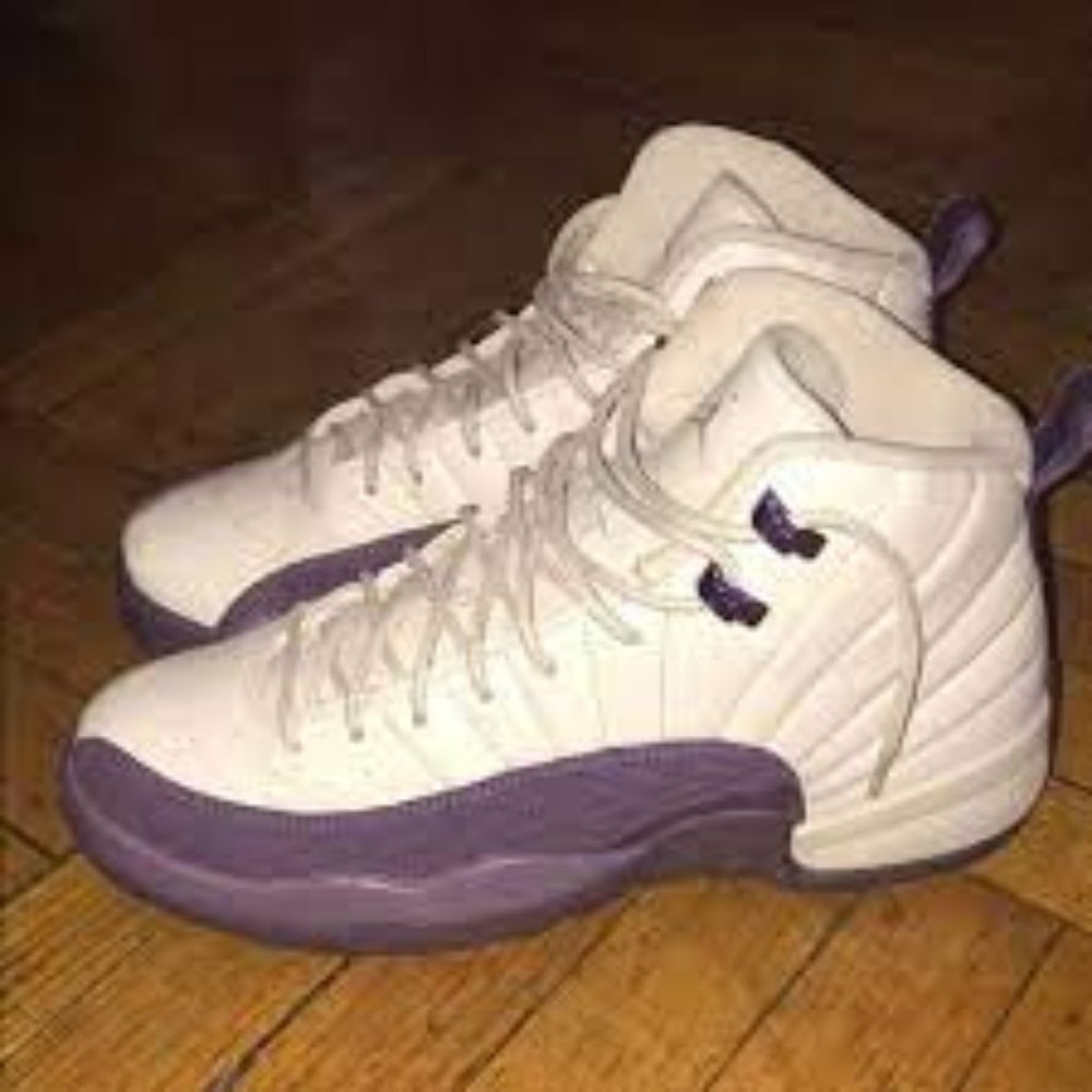 White and Purple Jordan 12's